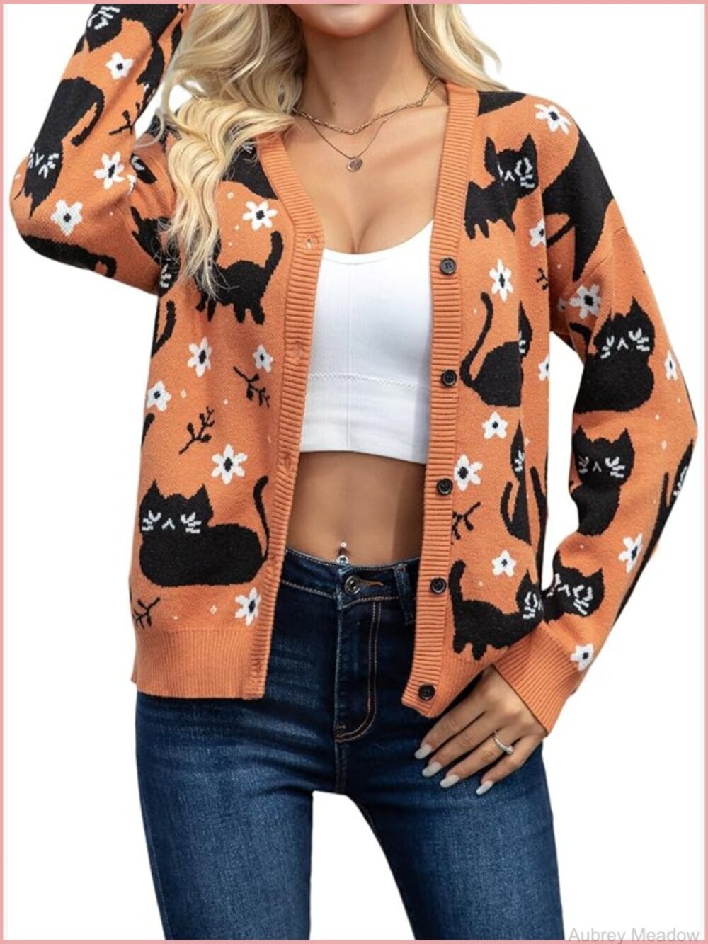 Knit Cat Cardigan Sweater Button Down V Neck Fall Winter Open Front